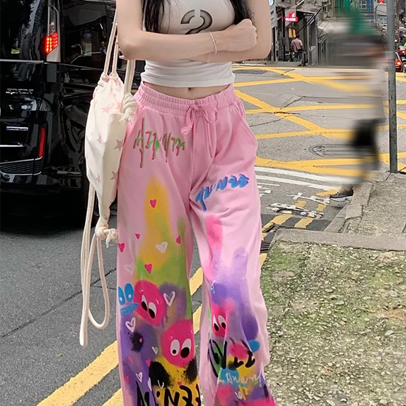 

2024 New Summer Women's Fashion Hip Hop Loose American Retro Trousers Draw the Rope Irregular Graffiti Binding Y2K Chic Pants