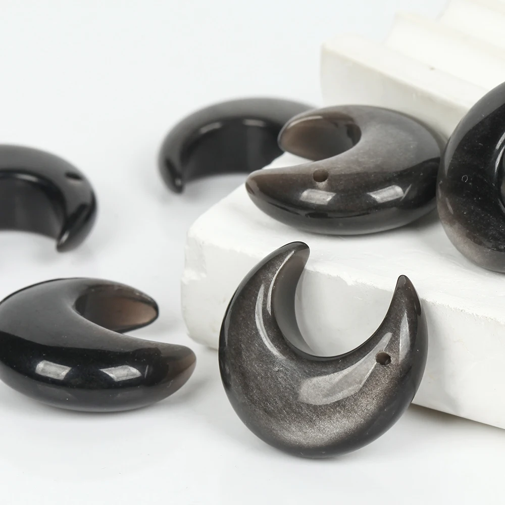 천연석 비즈 25x24mm 2개 실버 오브시디언 달 모양 스페이서 비즈 쥬얼리 제작 DIY 팔찌 목걸이용