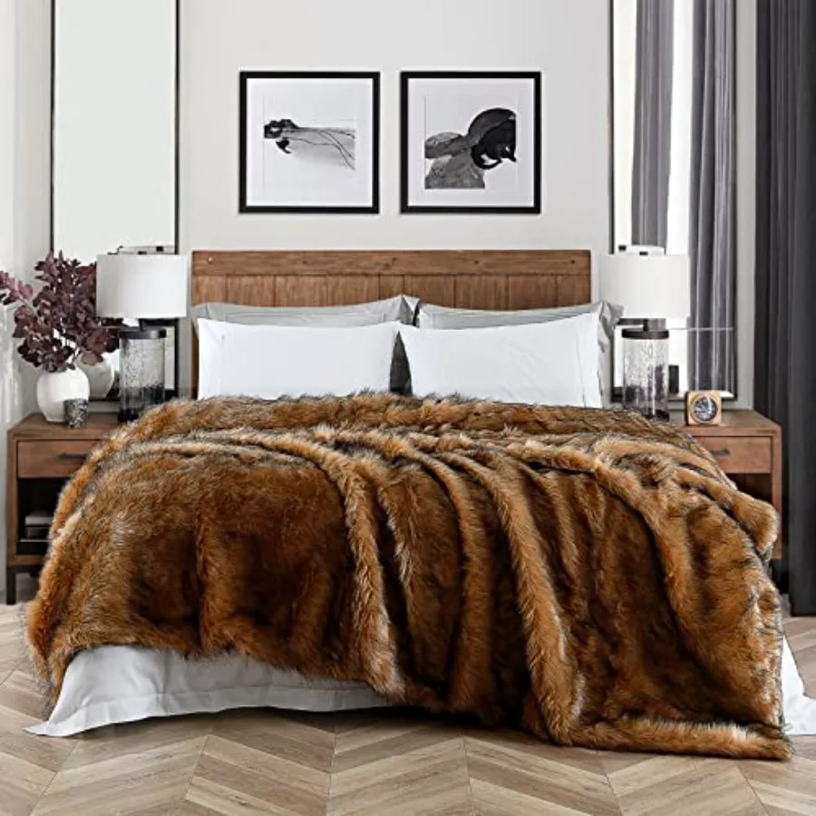 Luxury Plush Faux Fur Blanket Queen Size Long Pile Brown with Black Tips Oversized Super Warm Fuzzy Elegant Fluffy Decoration T