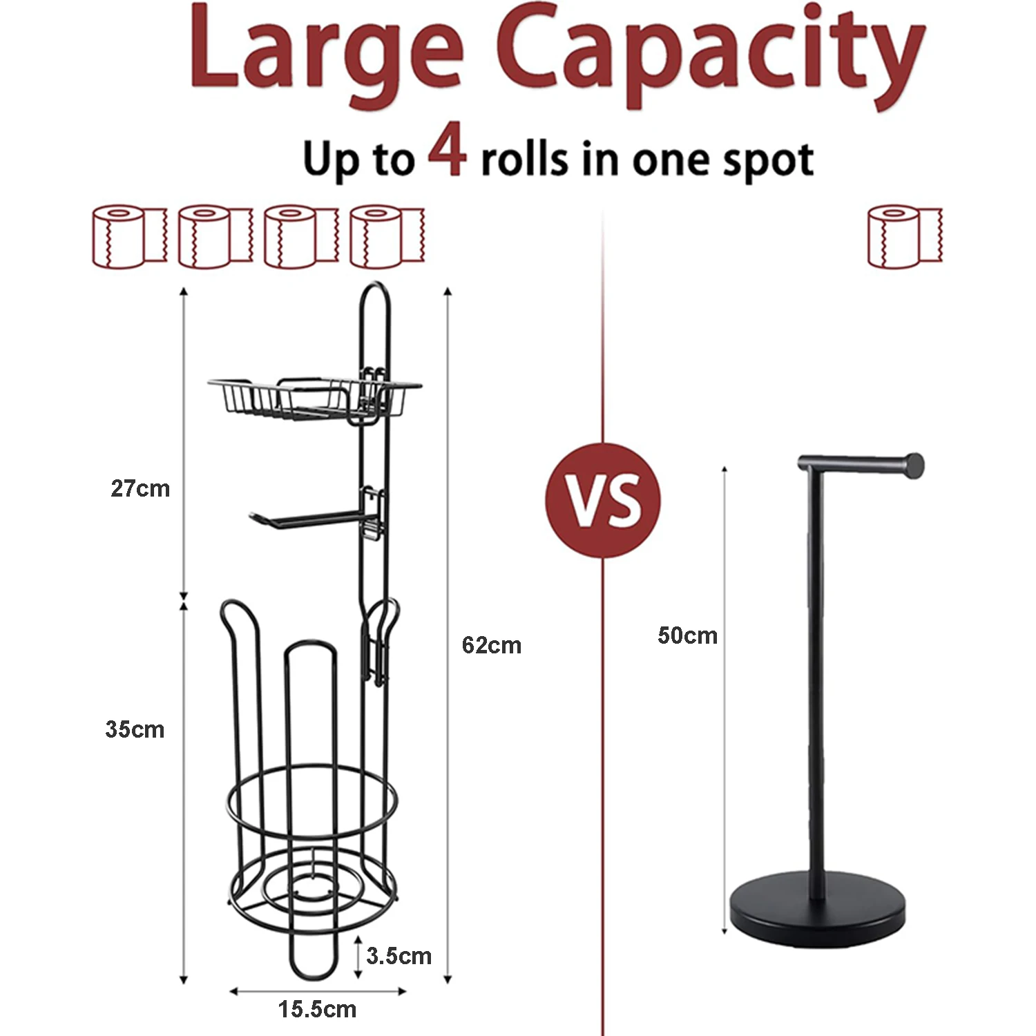 Toilet Paper Holder Stand Bathroom Toilet Paper Storage with Raised Base Tissue Roll Dispenser with Top Shelf