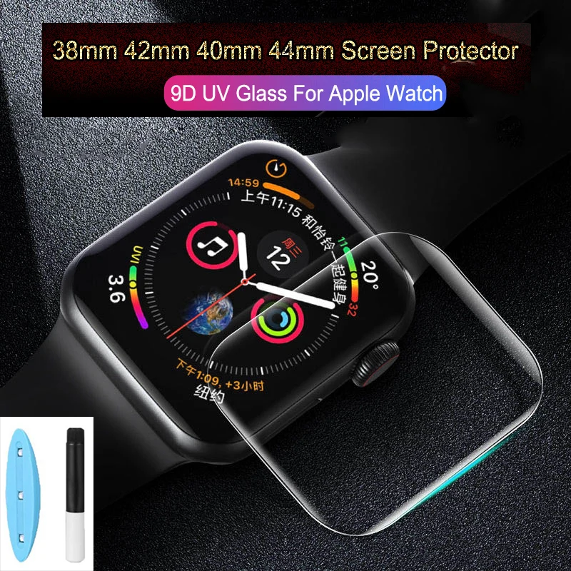 

Закаленное стекло с жидким клеем для Apple Watch 9 8 3 4 5 6 SE 7, Защитная пленка для iWatch Series 42 40 44 41 45 мм, защита для экрана