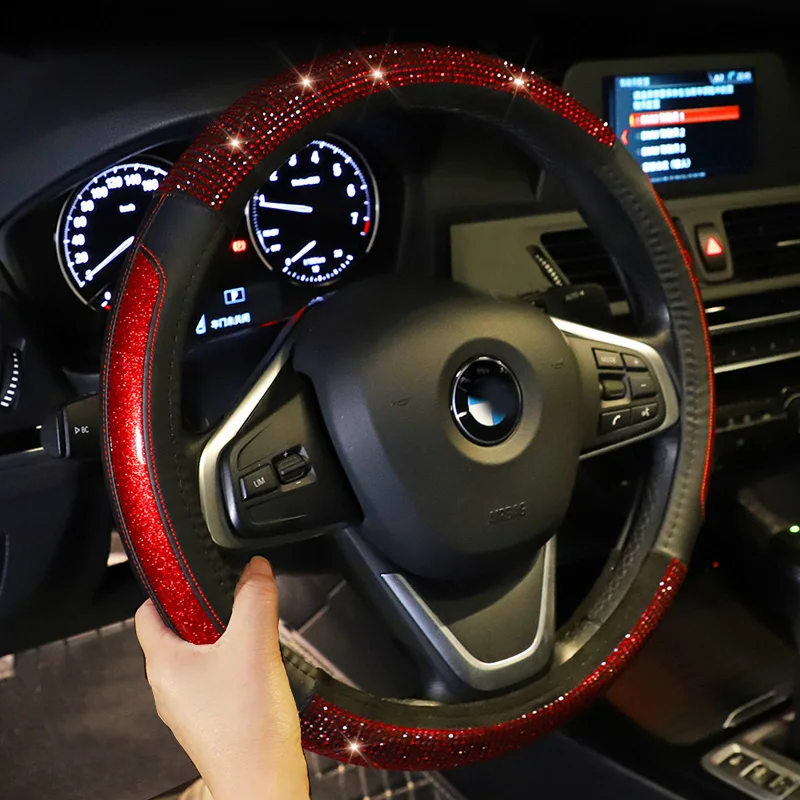Personality Diamond Car Steering Wheel Cover Bling Glitter Split Leather Auto Steering-wheel Covers Anti-slip Car Accessories