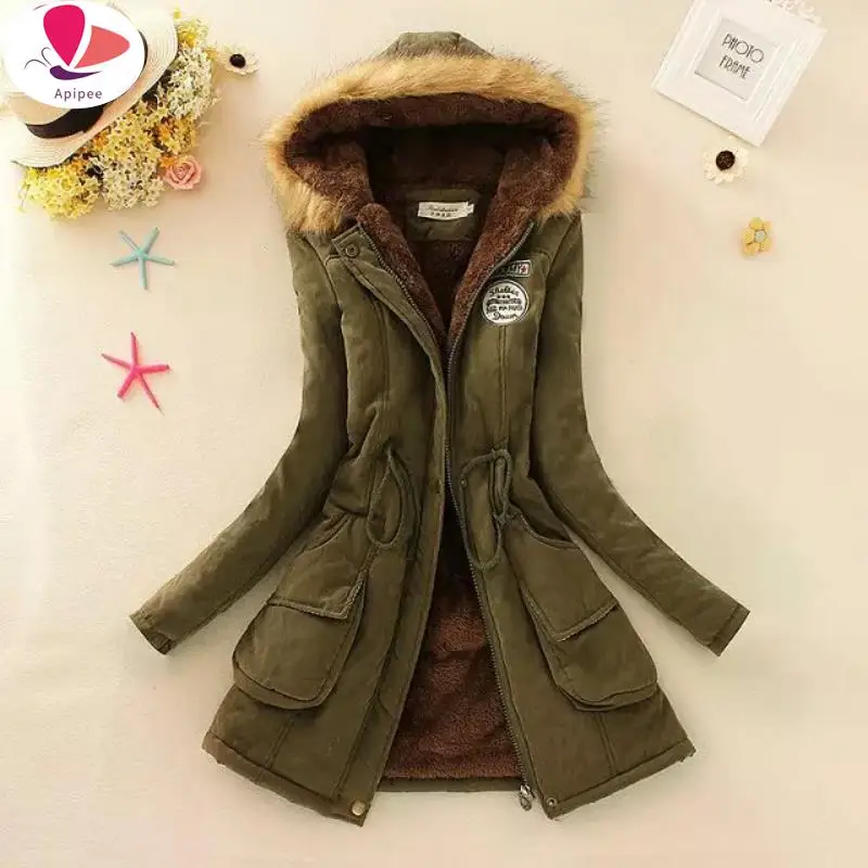 

APIPEE весенне-осенне-зимняя куртка для женщин 2024, Толстая теплая парка с капюшоном, Женское пальто с хлопковой подкладкой, 3XL, Повседневная облегающая женская куртка