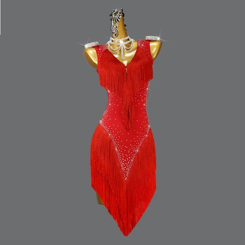 

Red Latin Dance Professional Fringe Clothes Adult Women's Ballroom Competition Dress Outdoor Sexy Skirt Customize Samba Cha-Cha