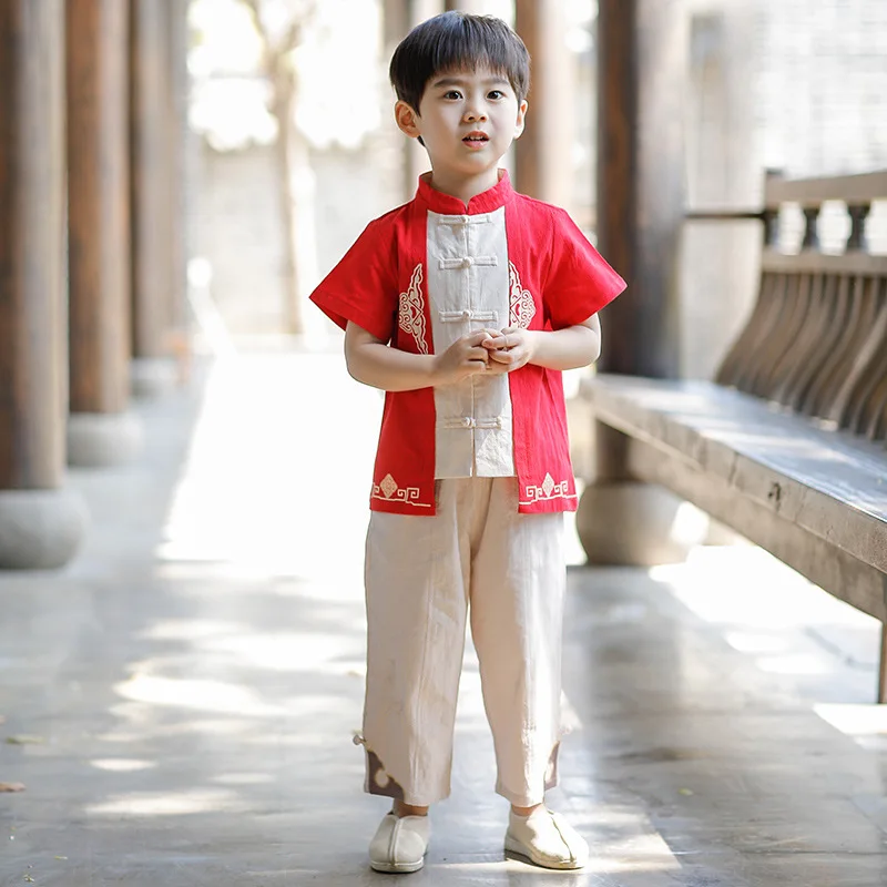 Chinese Style Hanfu Kids Boys Retro Print Tang Suit Tops Pants School Uniform Set Children Qipao