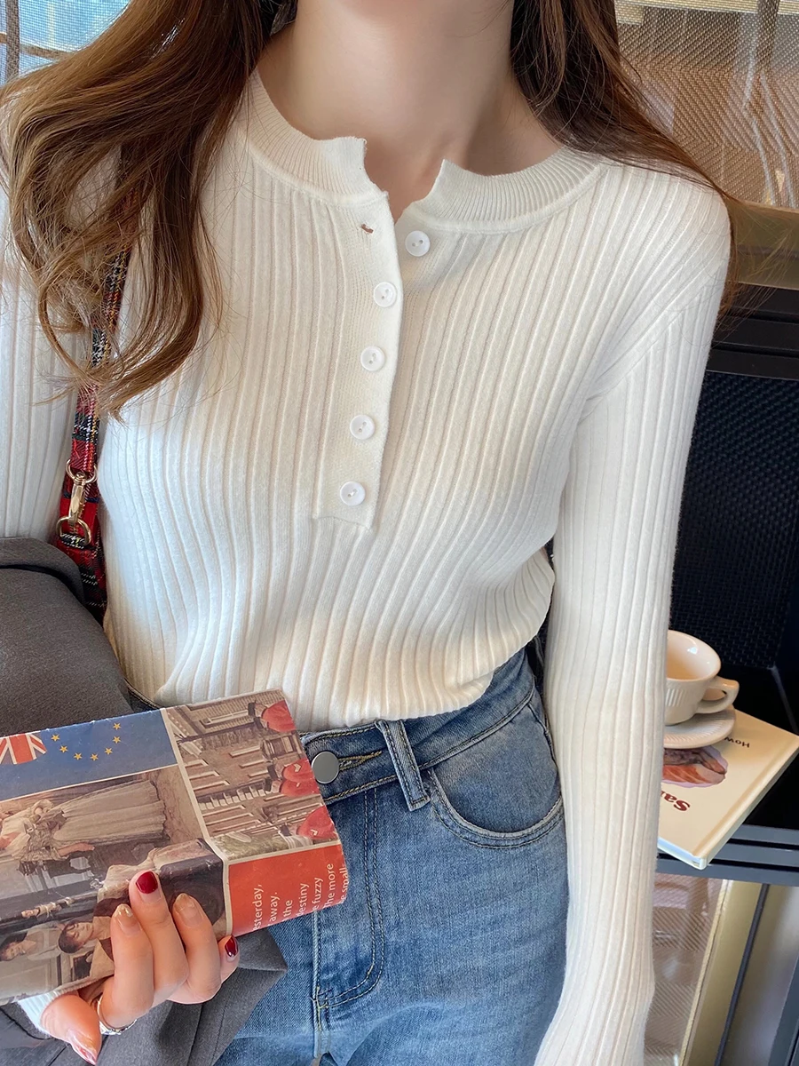 Spring and Autumn New Fashionable Women's Round Neck Button Knitted Bottom Slim Design Sweater Knitwear Pullover Top 1257