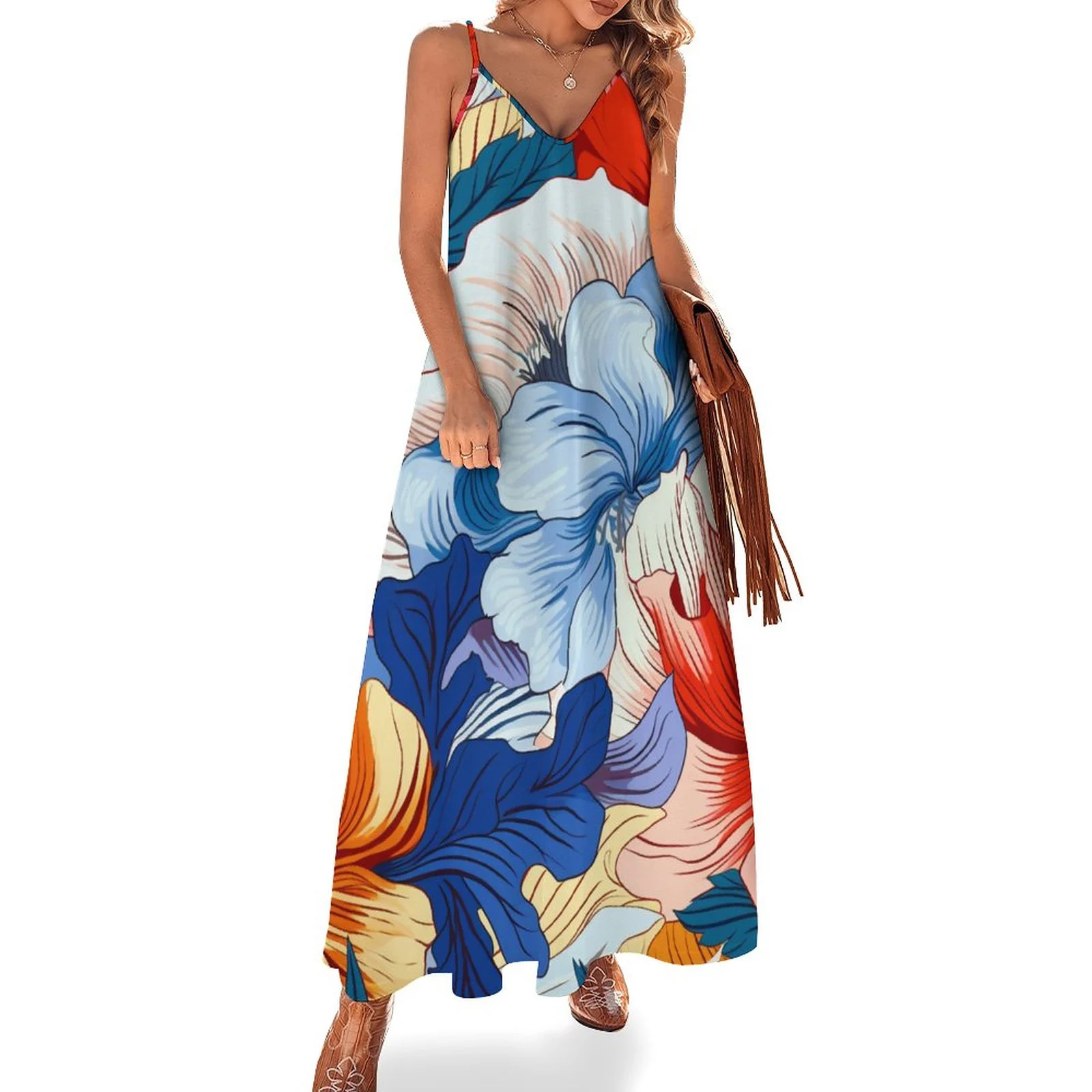 

Colorful Print Slip Dress Women Elegant Sleeveless Lace-up Midi Casual Dresses 2023 Summer Colorblock Dress