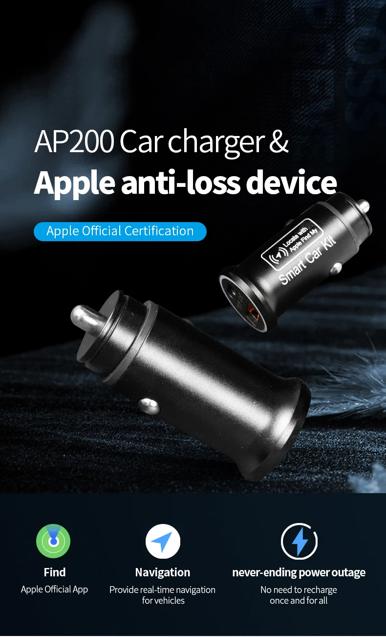 GPS Tracker AP200 20W USB Car Charge Phone Charger Fast Charging Type C QC3.0 With iPhone Find My Apple official App