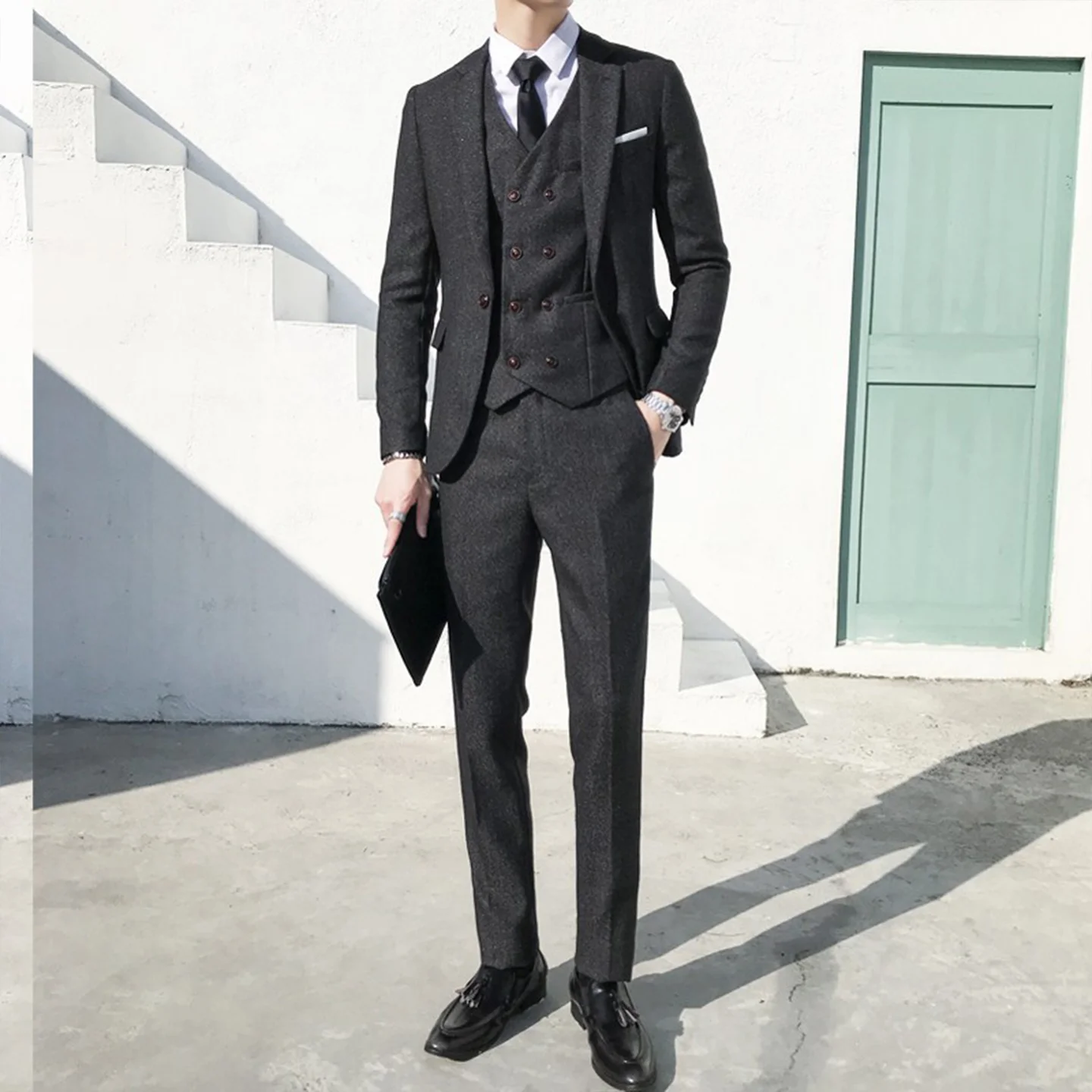 Costume homme costume d'affaires homme mariage marié trois pièces costume mariage rétro Style britannique formel Tweed