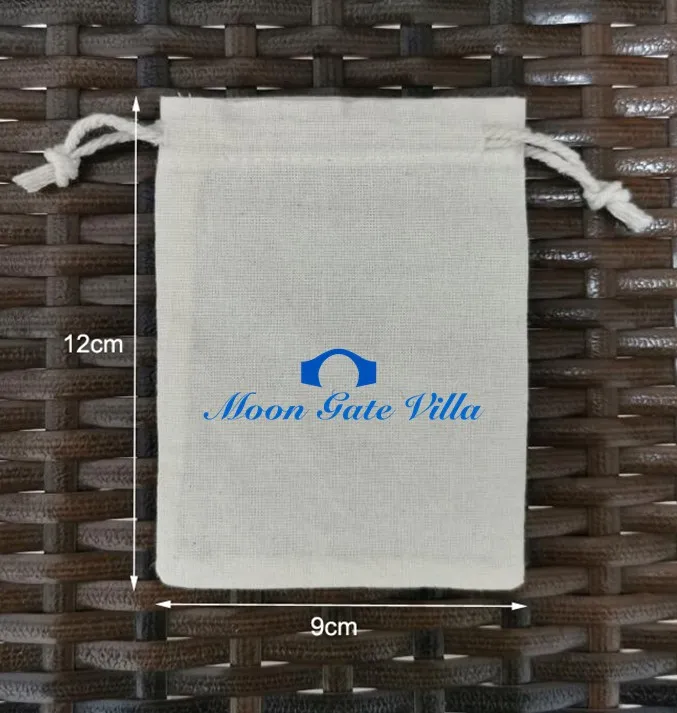 

200 Pieces Customised Logo 9x12cm Natural Cotton Bags Drawstring Pouches Printed With Blue Logo