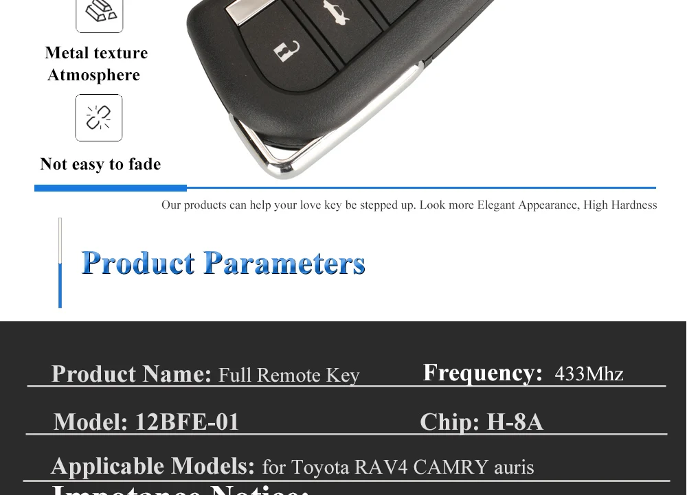 Keyforkess per Toyota Camry RAV4 Auris 2015 telecomando portachiavi 12BFE-01 modello 433 Mhz H (8A) Chip 3 pulsanti chiave auto - S215e6a515ed54032ad98f473aa8001c4n