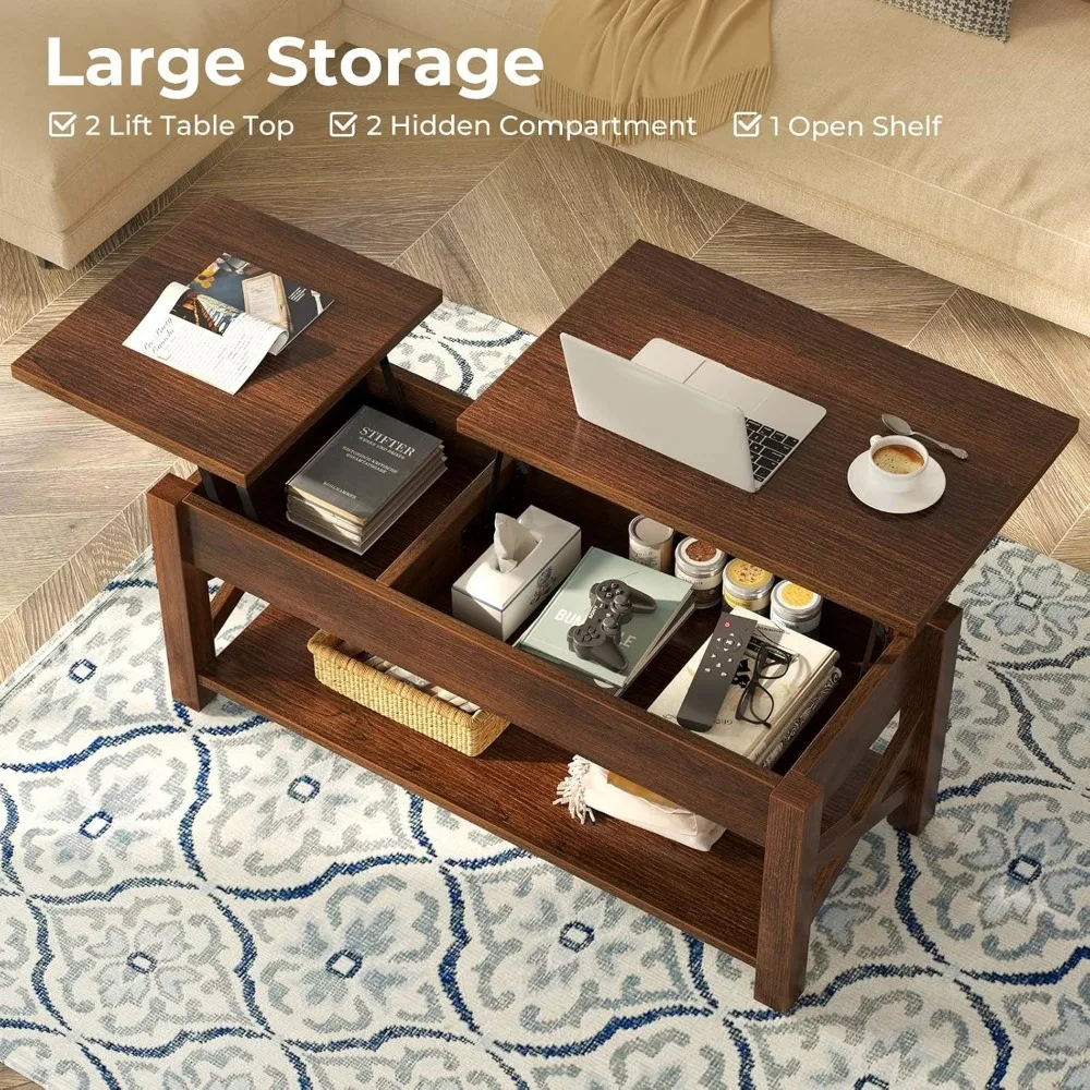 Coffee Table 47.2",2 Way Lift Top Coffee Table with Hidden Compartment, Lift Top Coffee Table with Open Shelf & X Wooden Support 4