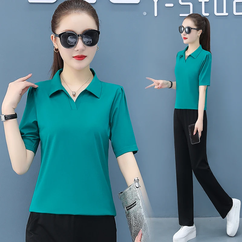 

Summer New Women'S Lapel Collar Pullover Thin Running Suit Casual Sports Loose Fashion Short Sleeve Pants Two Piece Set Female