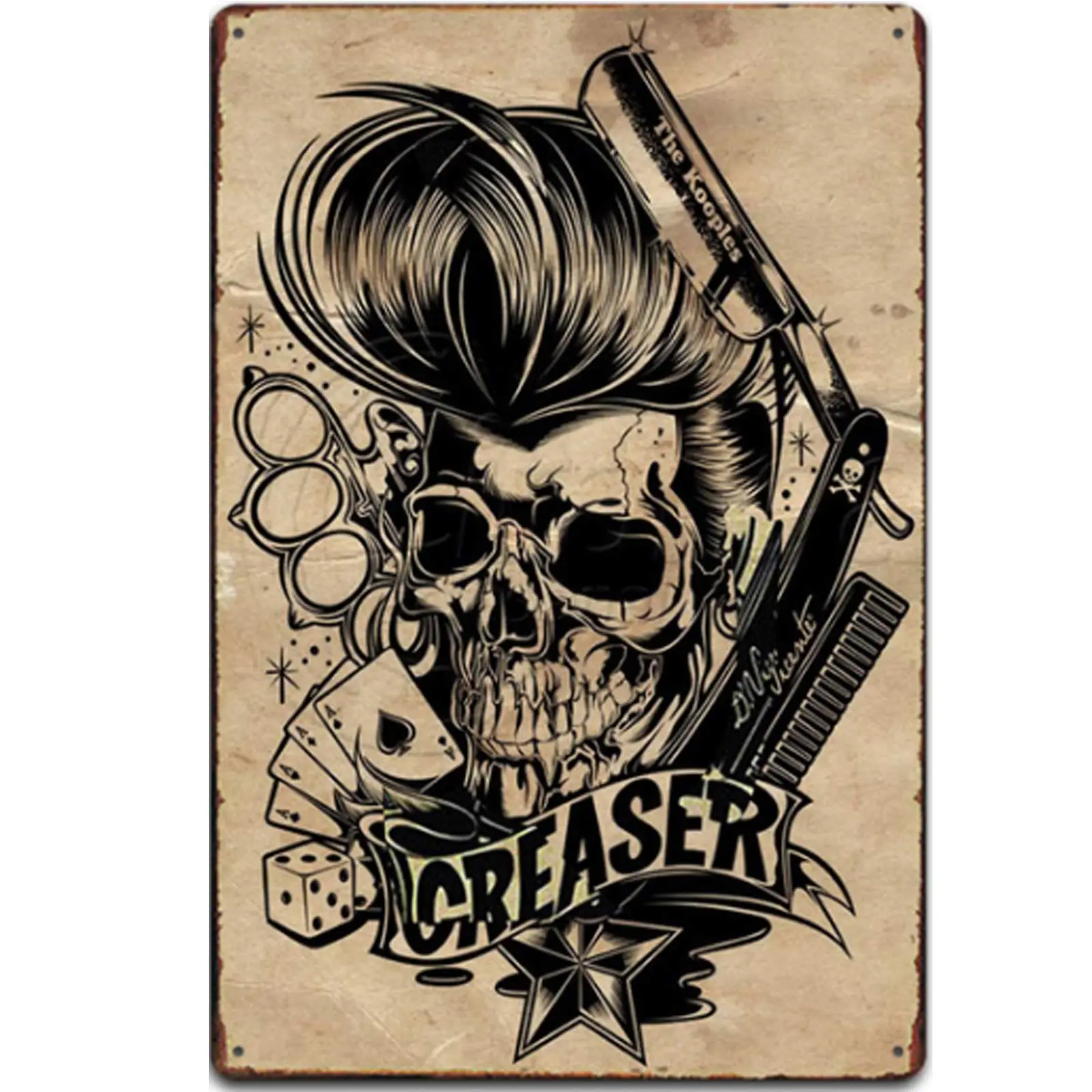 

Retro Design Cool Skull Tin Metal Signs Wall Art | Thick Tinplate Print Poster Wall Decoration for Barber Shop