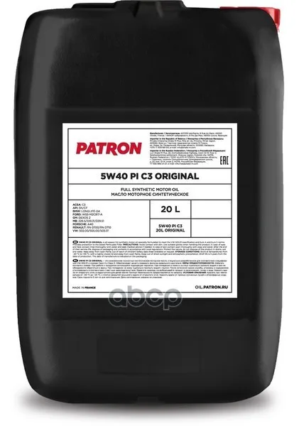 PATRON Масло Моторное Синтетическое 20л-Для Легковых Автомобилей Acea C3 Api Sn/Cf Bmw Ll-04