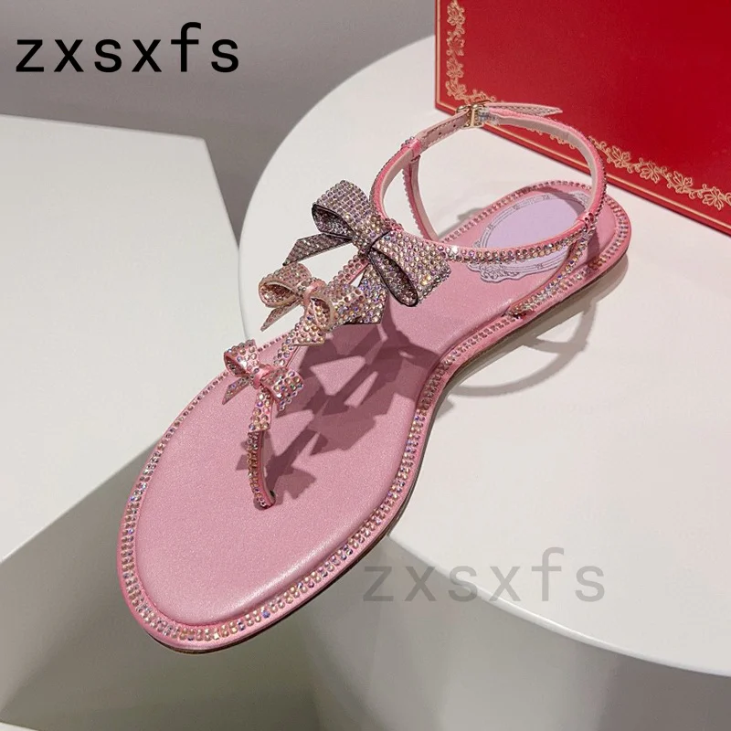 

Summer Bowknot Crystal Mules Flipflops Flat Sandals Women Designer Holiday Beach Shoes For Woman Sandalias Mujer Girl's Shoes