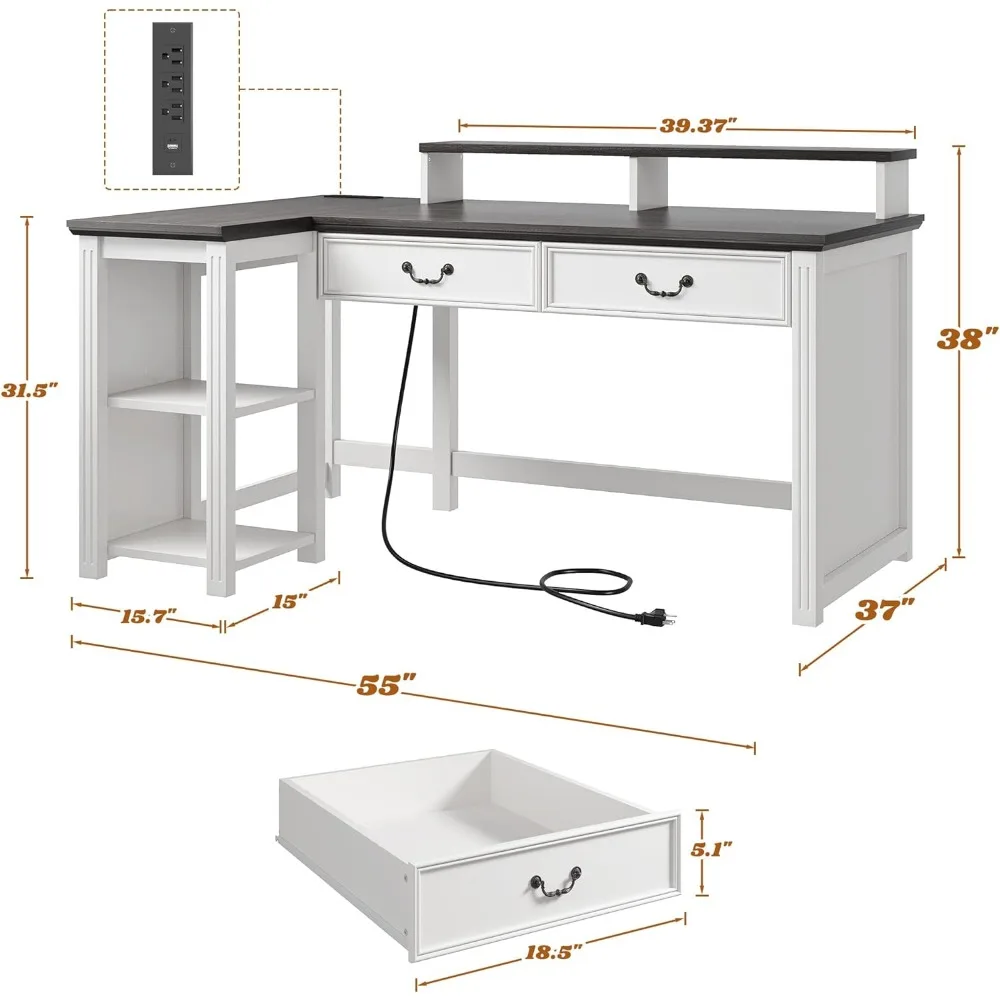 55" Computer Desk, Office Desk with Drawers, L Shaped Desk with Long Monitor Stand, Farmhouse Desk with Power Outlets LED Lights 2