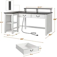 55" Computer Desk, Office Desk with Drawers, L Shaped Desk with Long Monitor Stand, Farmhouse Desk with Power Outlets LED Lights 2