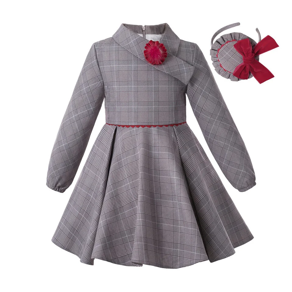 

Pettigirl 2023 Fall Grey Christmas Vintage Casual Plaid Dresses Costumes for Baby Girls with Hairband 345 6 7 8 9 10 11 12 Years