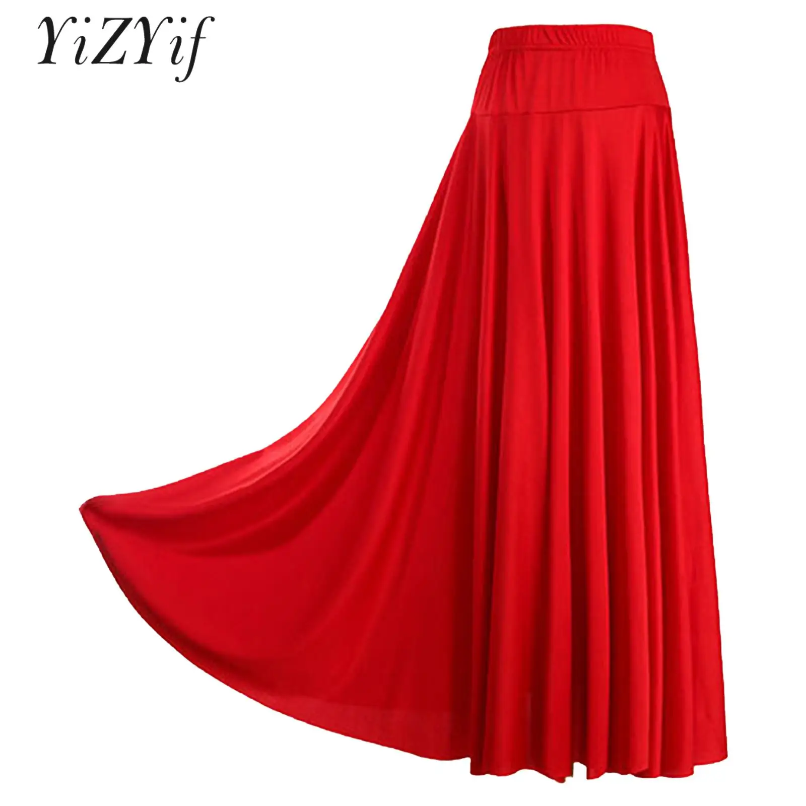 Womens Spanish Flamenco Swing Skirt Solid Ballroom Dance Skirt High Waist Elastic Waistband Ruffle Stage Performance Costume
