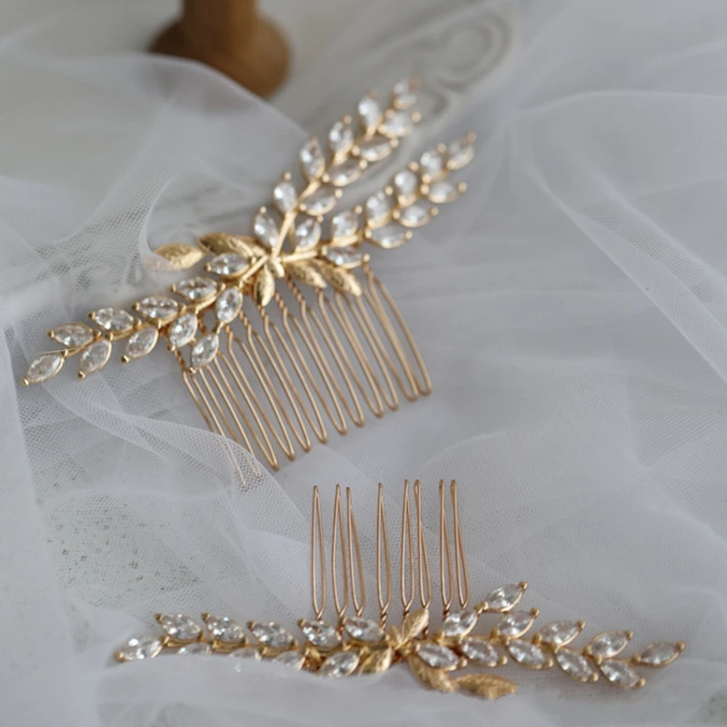Delicate Small Comb Bridal Hair Piece Women Pins Gold Color Ziconia Wedding Jewelry Accessories