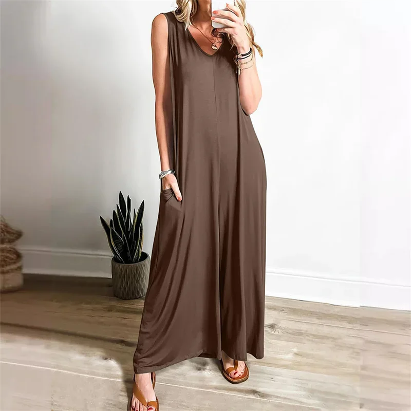 Women Solid Color V Neck Jumpsuit Wide Leg Floor-length Pants Female Summer Casual Thin Double Pockets Sleeveless Loose Rompers