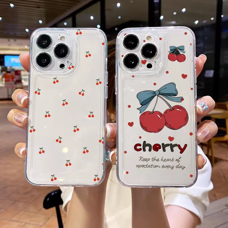 Red Cherry Daisy Transparent Silicone TPU Phone Case Cover