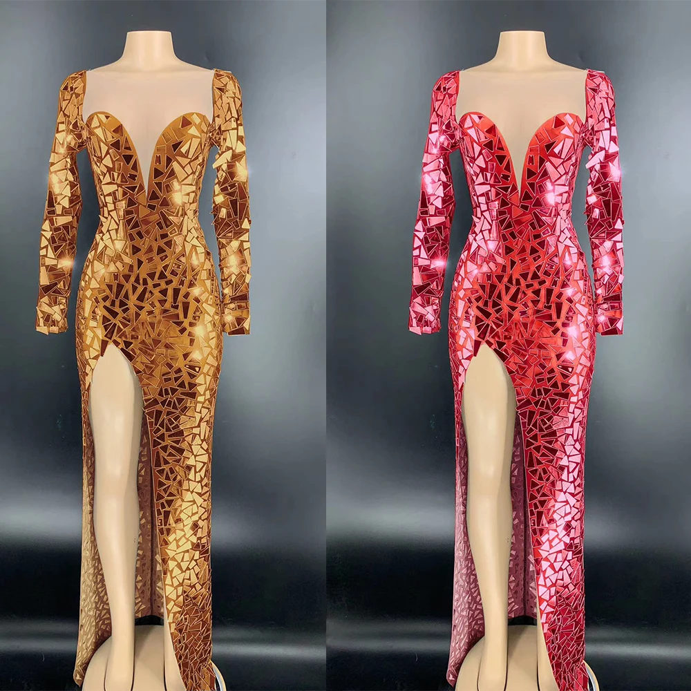 

Floor-Length Dress Long Sleeve Sexy Colorful Zipper Shining Women Asymmetrical Evening Bar Nightclub Outfit Singer Dancer Wear