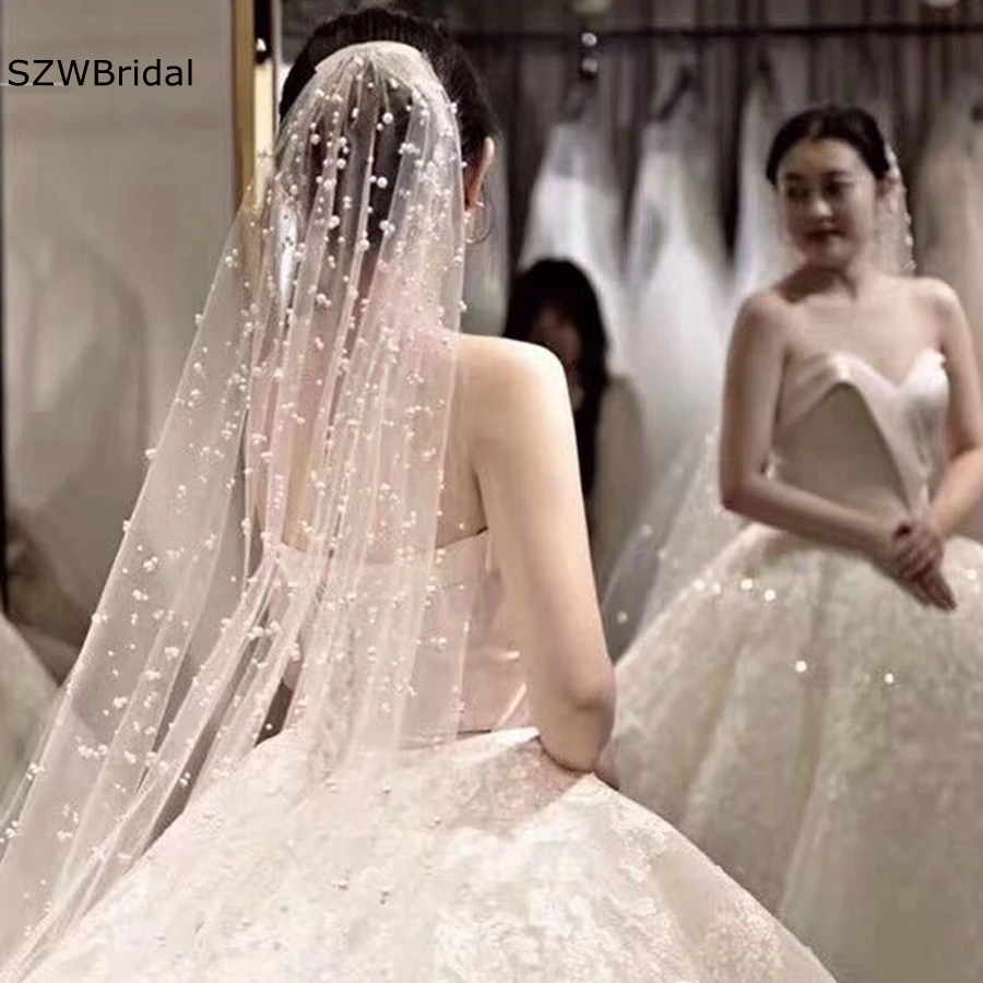 

New Arrival Ivory Beaded Pearls Wedding veils Soft Tulle cathedral veil with Pearls Bride Bridal veil Vestido de noiva