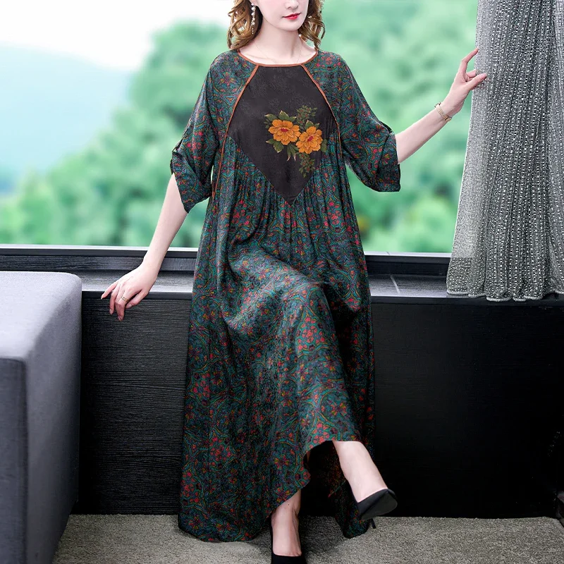 2025 New Floral Natural Silk Loose Wasi Maxi Dress Women Korean Vintage  Casual Dresses Summer New Elegant Party Evening Dresses - AliExpress  200000345