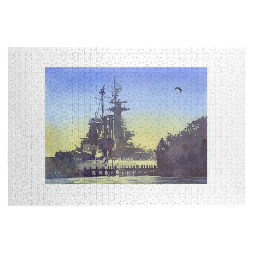 

Exterior of Battleship North Carolina at sunset in the coastal city of Wilmington, NC. Watercolor painting Battles Jigsaw Puzzle