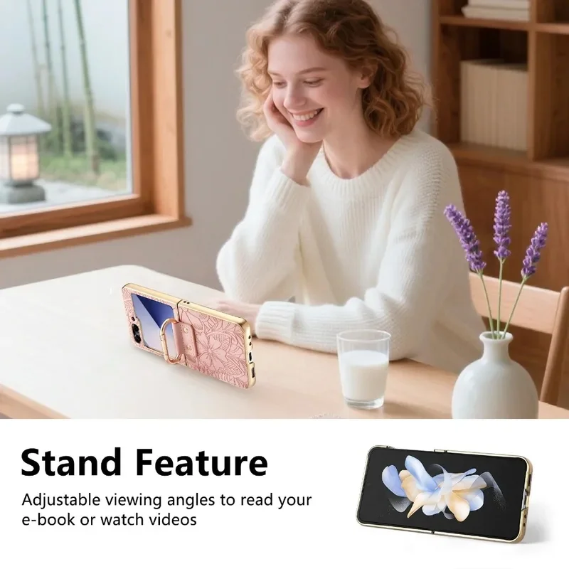 Leather Embossed Flower Phone Case with Ring Buckle and Electroplated Shockproof Design
