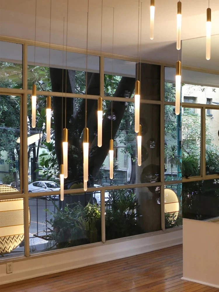 Living Room Hall Chandelier High-rise Building Stairwell Lighting Indoor Bedside Pendant Lights Remote Control LED Hanging Lamps