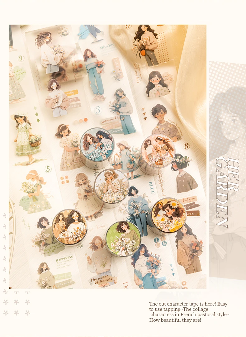 55mm*2m Vintage PET Gartenmädchen-Klebeband, Dekorative Etiketten für Tagebuch, Album, Scrapbooking-Material, Handgemachte Junk-Journal-Zubehörteile – Detail 8