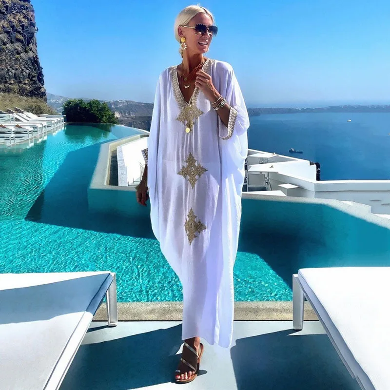 New Bohemian Retro Embroidered Bikini Cover Up Maxi Dress For Women Loose Beachwear Vintage Long Kaftan