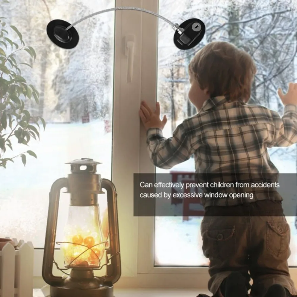 2Pcs Window Security Lock Self Adhesive Children Safety Lock No Drilling with Key Steel Wire Lock Rope Wear-resistant Easy Use