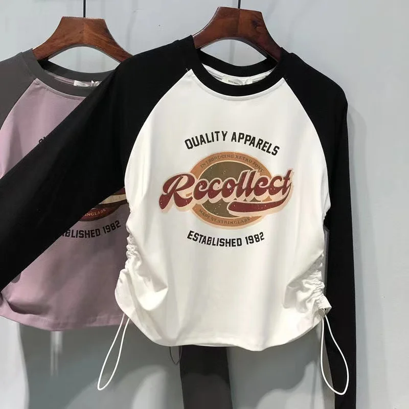 Girls Spring And Autumn Printing Long Sleeved T-shirt Slim Fit Drawstring Middle Size Children's Bottom T-shirt Round Neck Top - Image 2