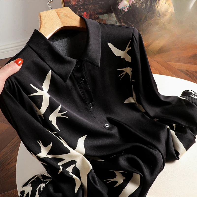 

Satin Women's Shirts New Silk Prints Vintage Blouses Polo Necks Clothing Spring/Summer Long Sleeves Loose FASHION Tops YCMYUNYAN