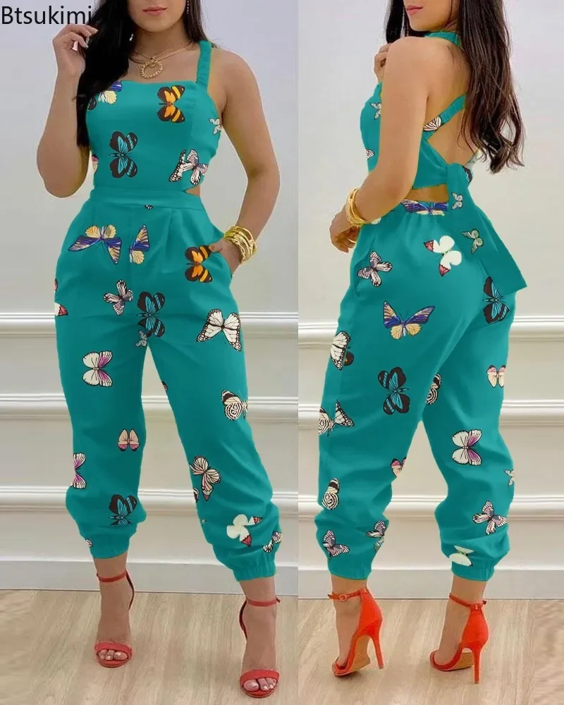 

2024 Spring/Summer Fashion Strap Print Jumpsuit Feminino Open Back Lace Up Jumpsuit Mono Elegante Mujer Woman Rompers Overalls