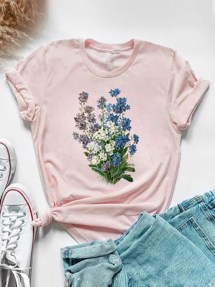 Sweet Watercolor Flower 90s Clothing Short Sleeve Tee Top Summer Graphic T Shirt Women Fashion Casual Female Print T-shirt