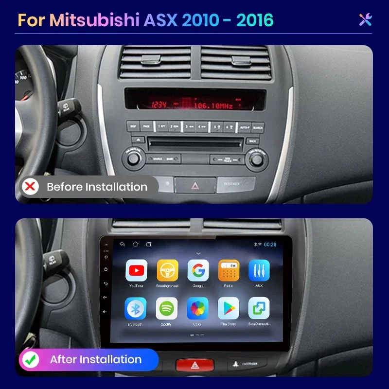Para Mitsubishi ASX 1 2010 - 2016 CarPlay inalámbrico para Apple Android Auto Radio de coche GPS IPS RDS FM WiFi BT 4G Multimedia estéreo 2