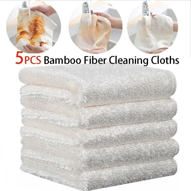 5PCS White Dish Towel Natural Bamboo Fiber Thickened Cleaning Cloth Kitchen Scouring Pad Easy To Clean Bathroom Rags Dishcloth