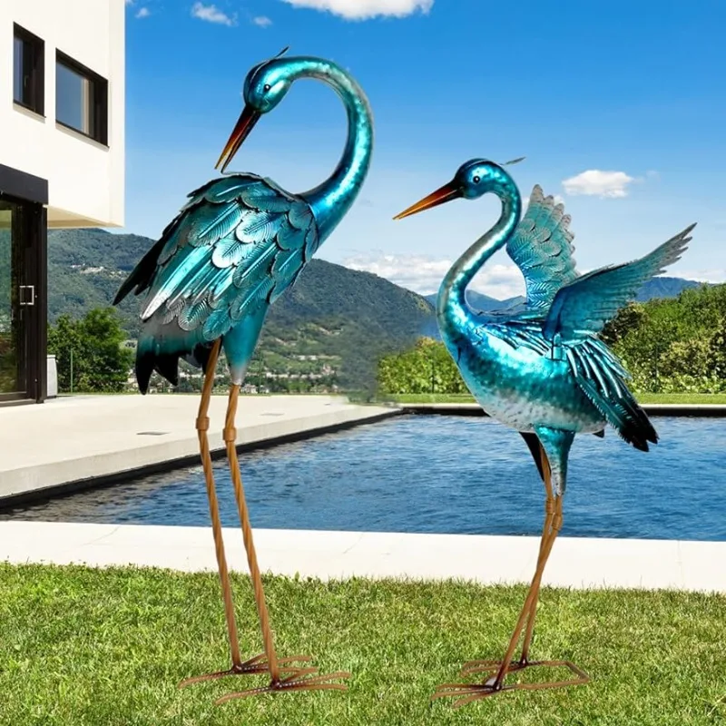 

Garden Crane Statues for Outdoor Blue Heron Metal Birds Yard Art Ornaments for Backyard Pond Patio Porch Outside Decorations