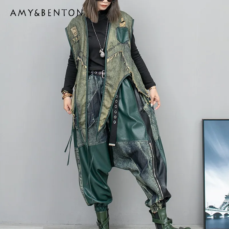 Cool Fashion Do the Old Denim Leather Patchwork Irregular Vest Big Crotch Baggy Pants Two-Piece Set For Women Spring 2024 Outfit