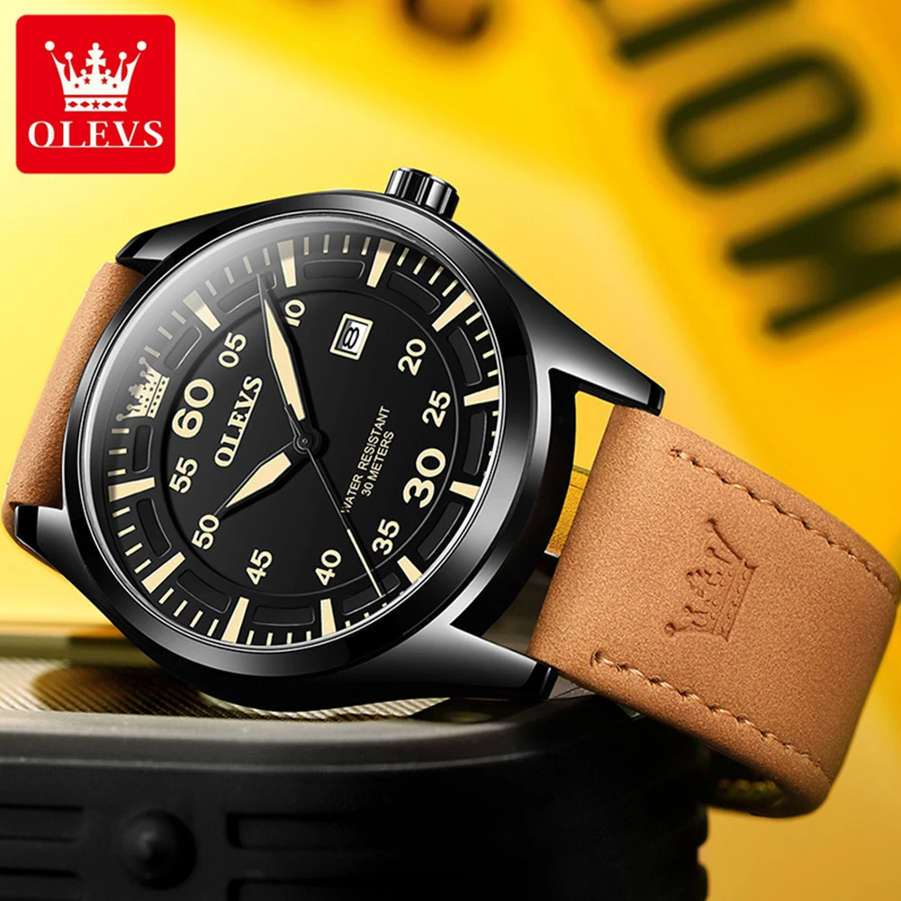 OLEVS 9962 Fashion Quartz Watch Gift Round-dial Genuine Leather Watchband Calendar 4
