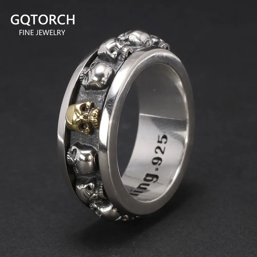 男性用925スターリングシルバースカル回転スカルメンズリングレトロ