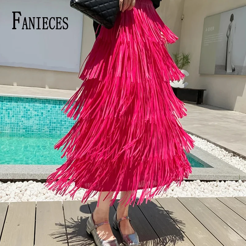 FANIECES Fringe Straight Long Skirt Women Fashion High Waist Slim Tassel Layered Skirt Solid Elegant Party Jupe Saias Faldas 스커트 100pcs lot white dots transparent frosted plastic wedding cookie candy bag christmas birthday party wedding gift bags