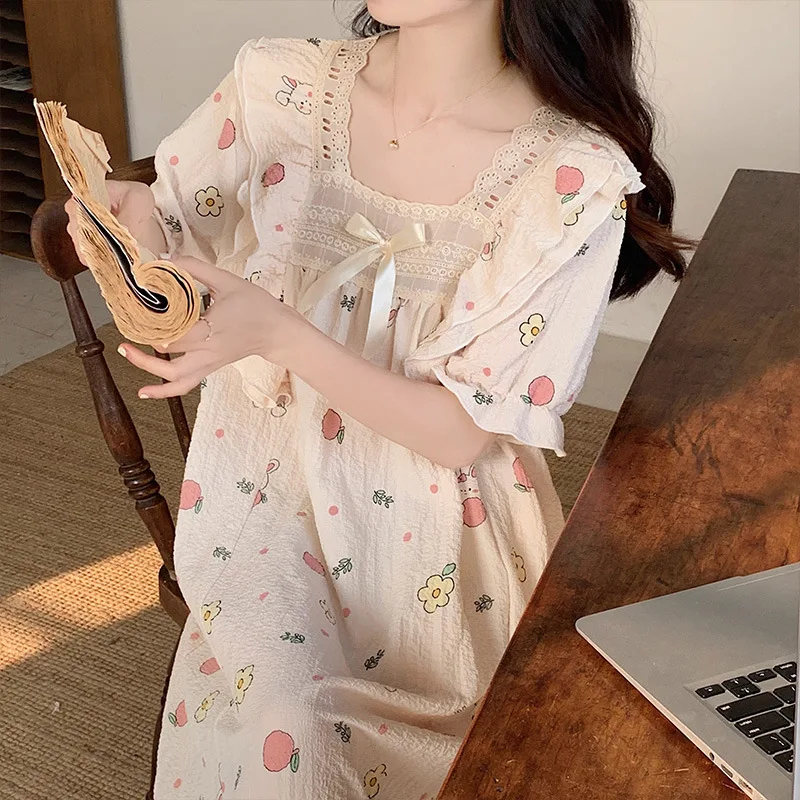 Summer New Nightgowns Ladies Pajamas Homewear Women Bubble Wrinkled Fabric Cute Loose Dresses Student Nightgowns Homewear