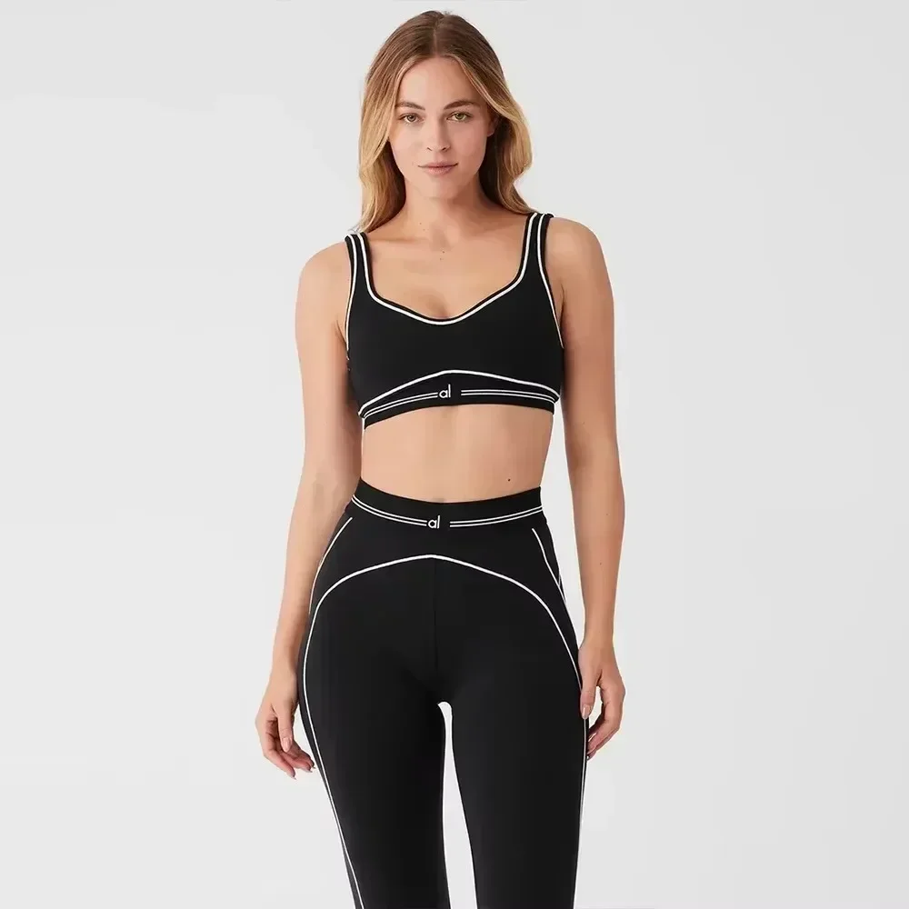 Yoga Set Leggings Women Yoga Tops Sports Bra High Waisted Seamless Leggings with Padded Stretchy Sports Bra Gym Suit Stripe