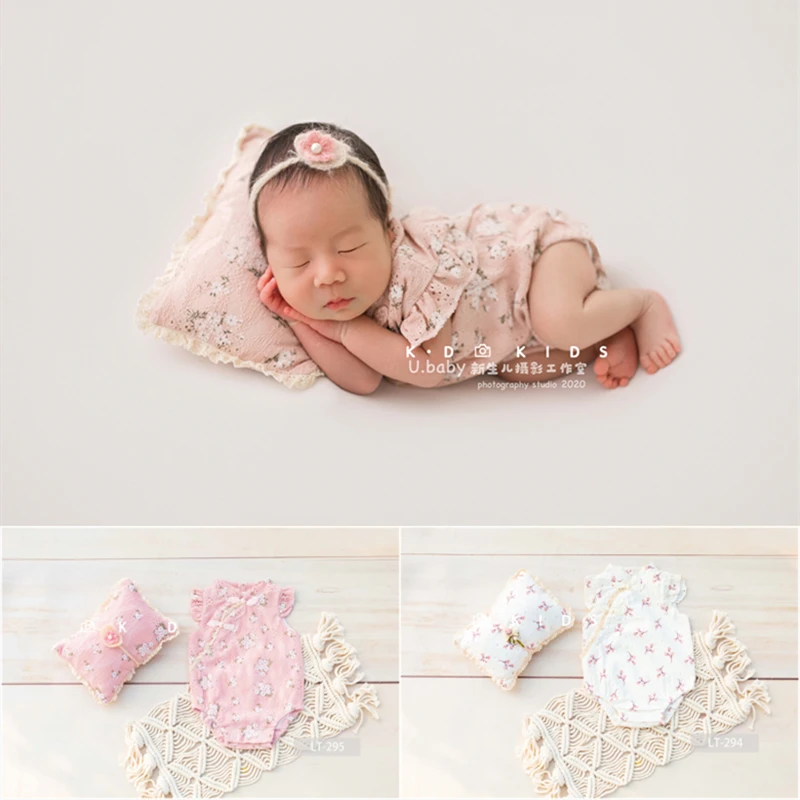 Dvotinst Newborn Baby Girls Photography Props Chinese Floral Outfit Headband Pillow 3pcs Fotografia Studio Shooting Photo Props